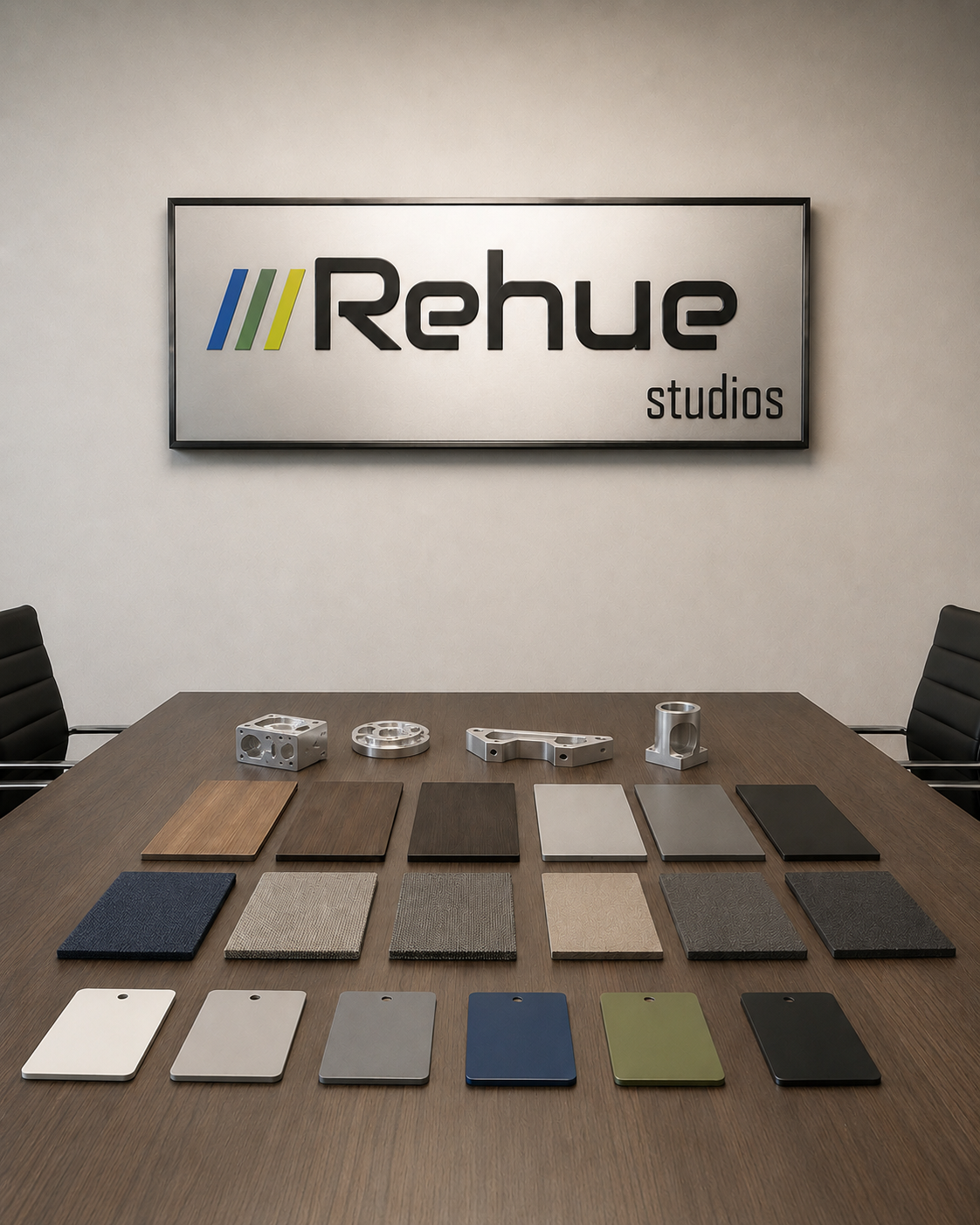 Rehue Studios material, finish, and CNC sample boardroom display